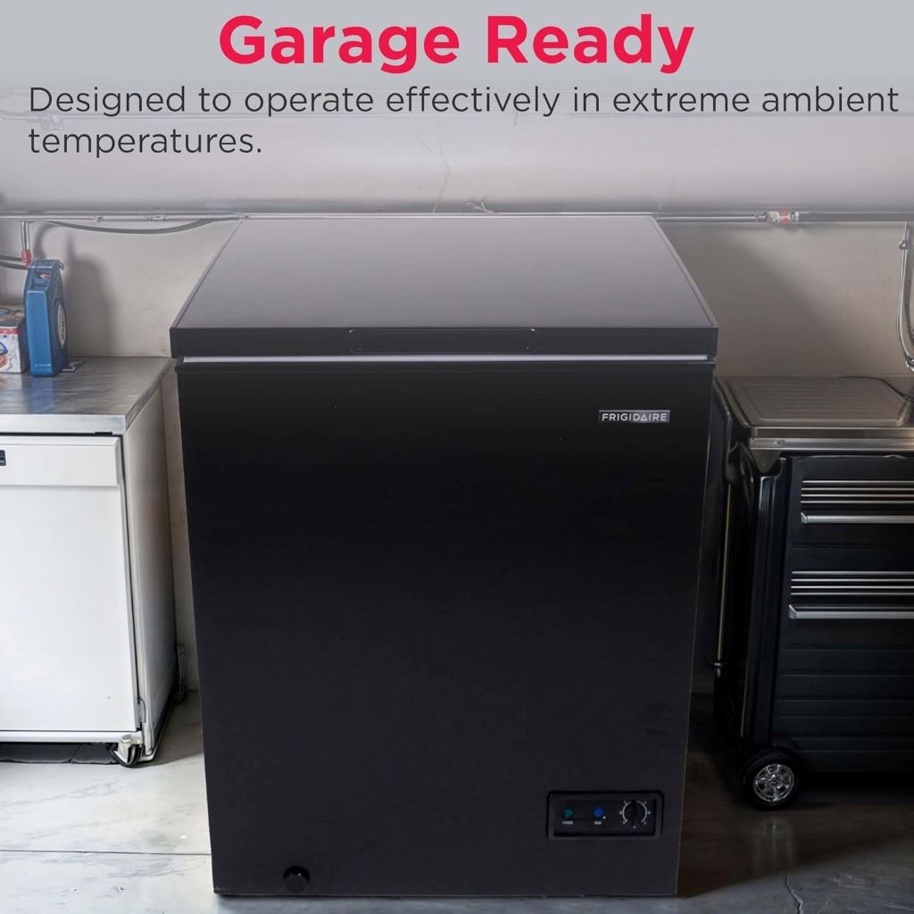 FRIGIDAIRE chest freezer in black, perfect for home storage with easy defrost feature.