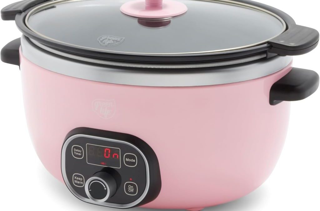 GreenLife 6QT PFAS-Free ceramic slow cooker with glass lid in pink