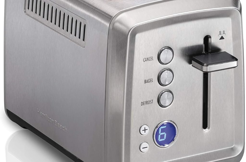 Hamilton Beach 2-slice stainless steel toaster with extra-wide slots and digital controls.