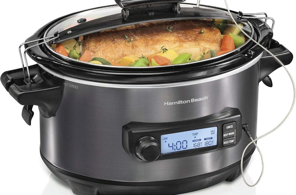 Hamilton Beach 6-Quart Set & Forget Slow Cooker in black stainless with lid lock and temperature probe.