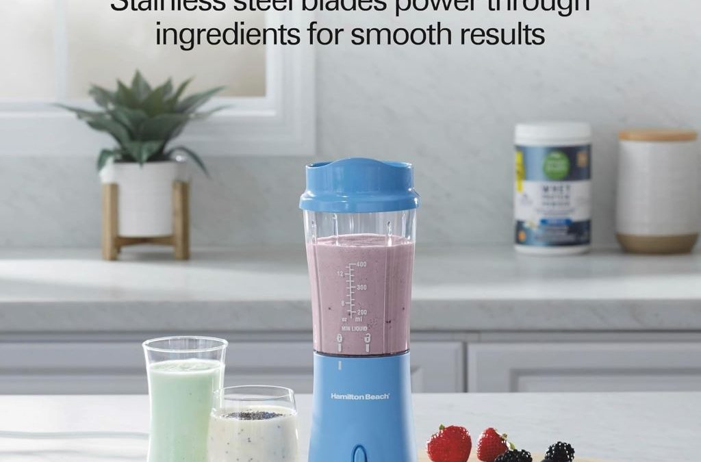 Hamilton Beach 14oz personal blender with travel lid in blue, perfect for smoothies and shakes.
