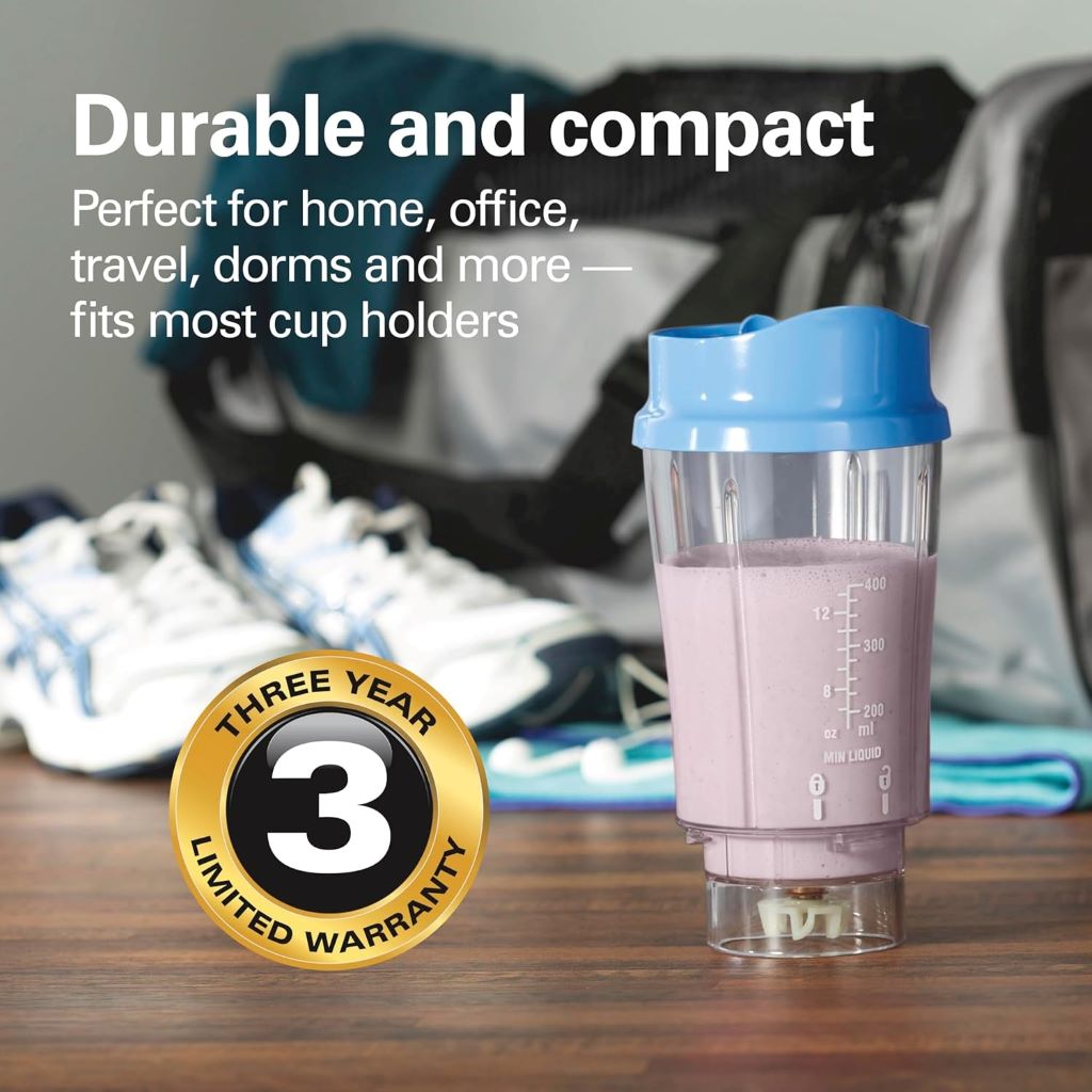 Portable Hamilton Beach smoothie blender with stainless steel blades and BPA-free cup.