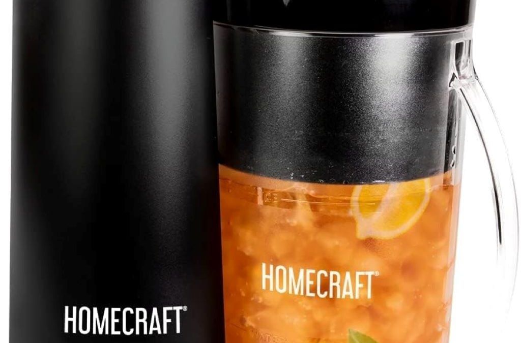 Homecraft iced tea and coffee maker with sleek black design and small pitcher