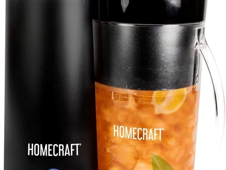 Homecraft iced tea and coffee maker with sleek black design and small pitcher
