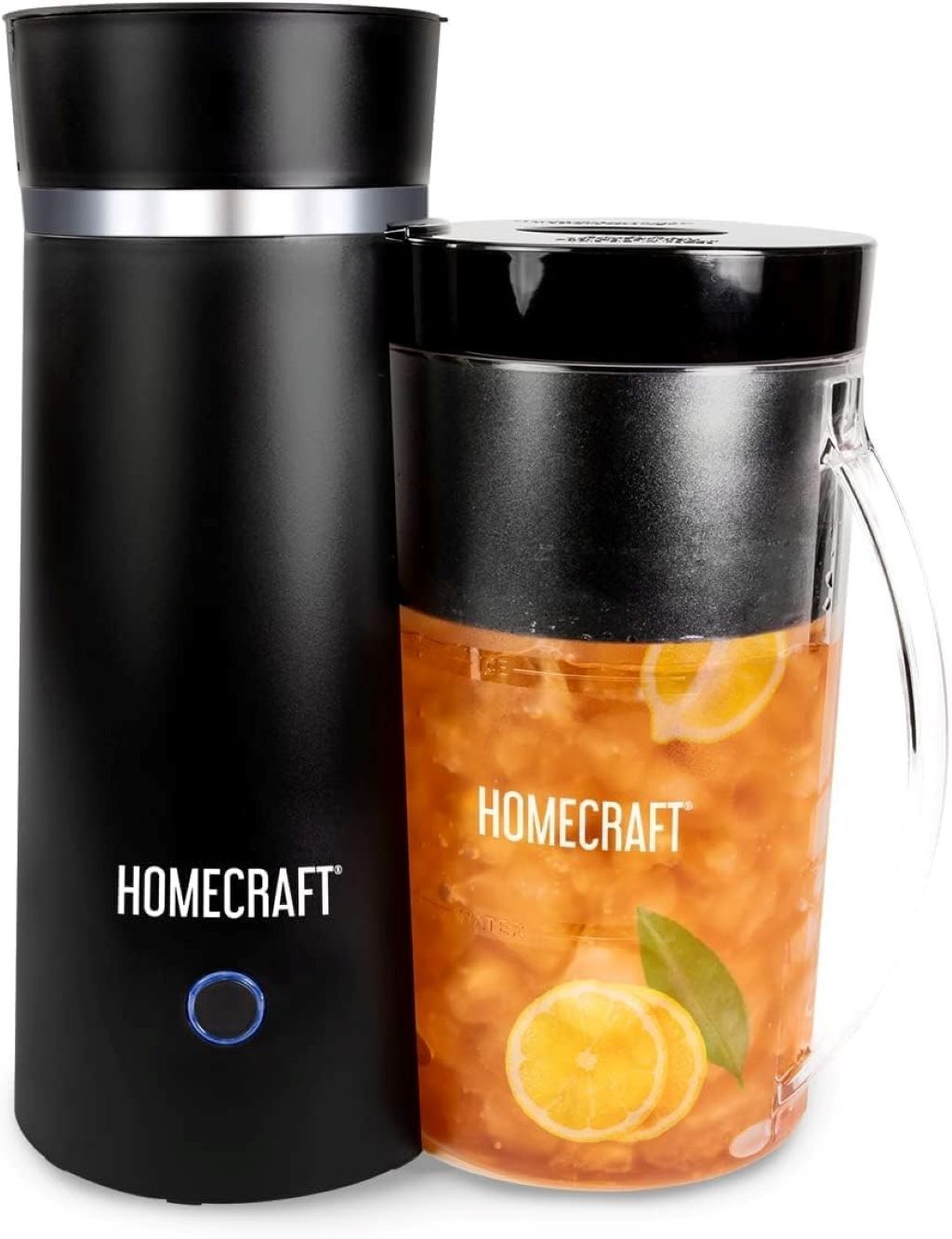 Homecraft iced tea and coffee maker with sleek black design and small pitcher