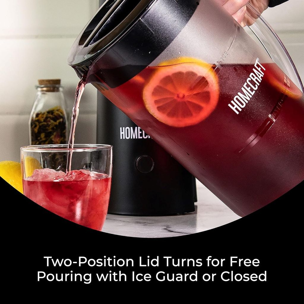 Homecraft iced tea and coffee maker with sleek black design and small pitcher