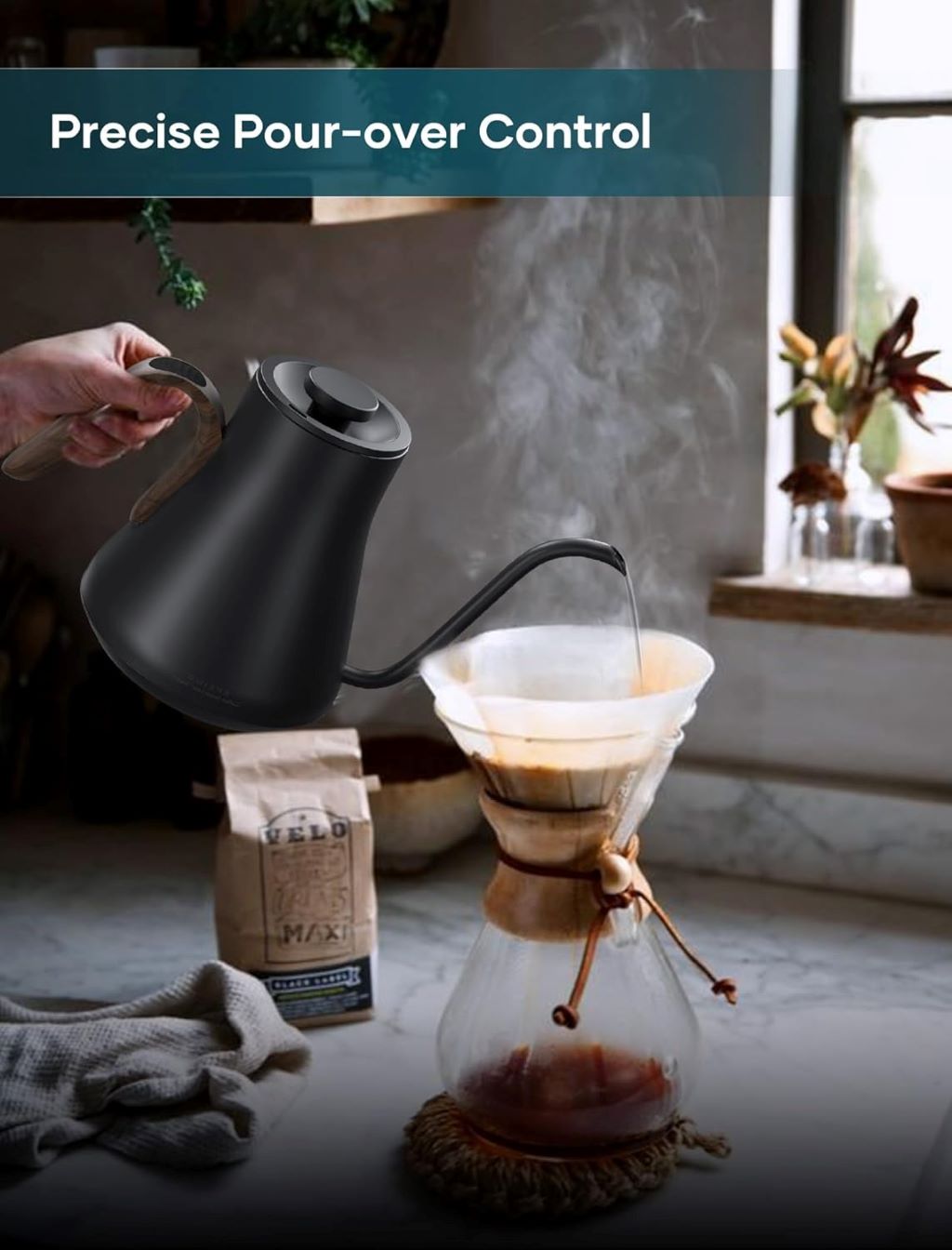 Sleek stainless steel gooseneck electric kettle with easy pour spout