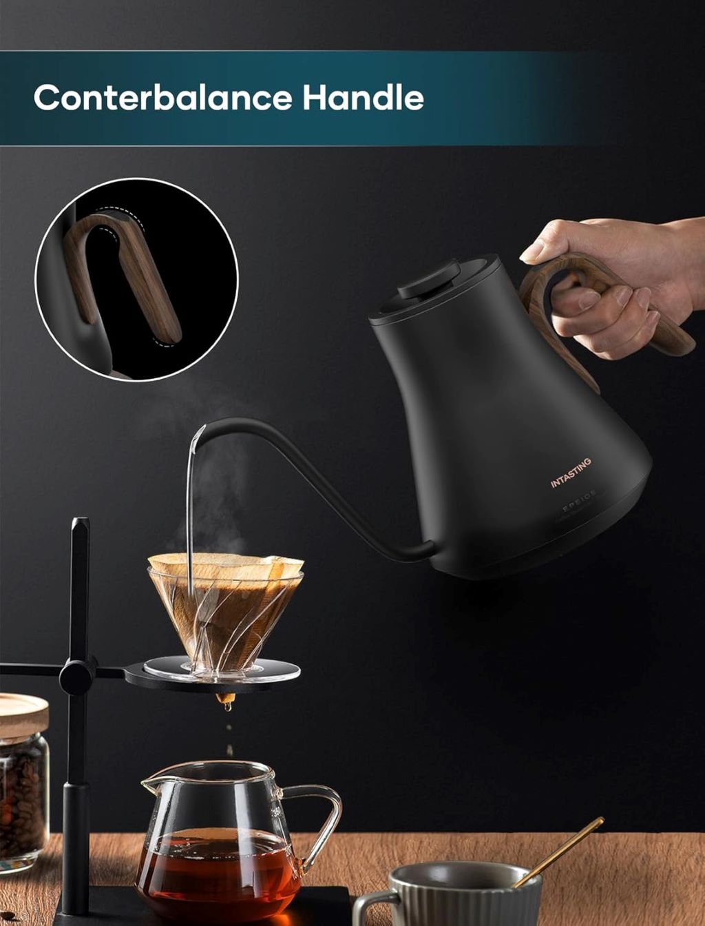 Modern electric kettle with digital temperature control and ergonomic gooseneck design