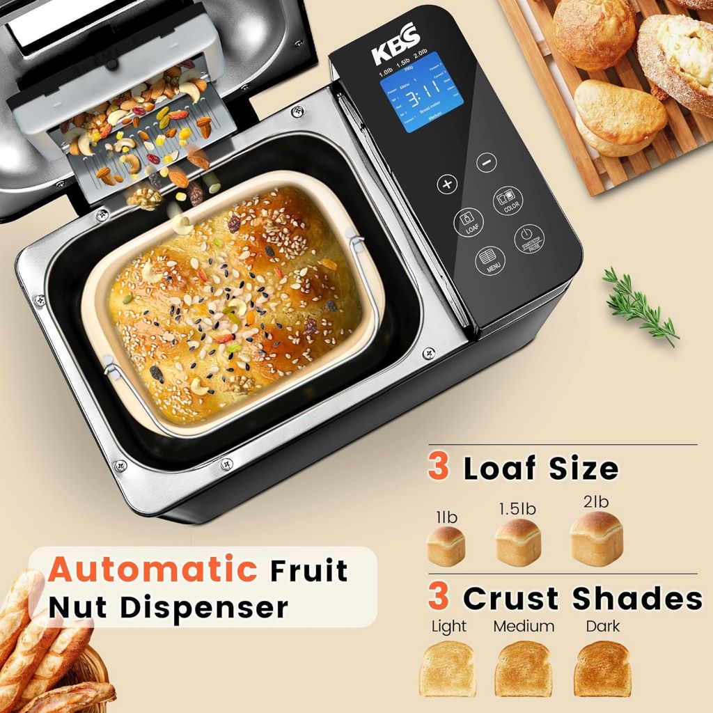 Home baking made easy with KBS 17-in-1 Bread Maker, auto nut dispenser, ceramic pan, and customizable crust settings.
