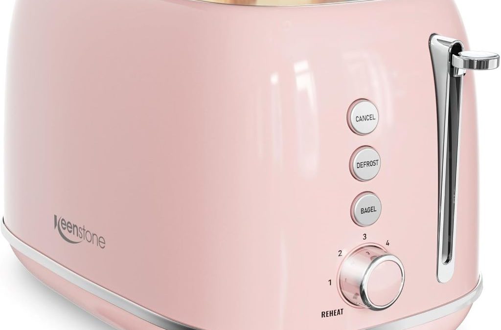 Keenstone 2-slice retro pink toaster with wide slots and stainless steel finish