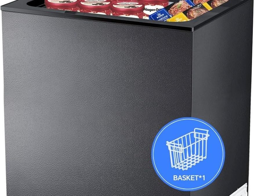 Kismile 2.8 cu. ft compact chest freezer with removable basket open, showing frozen storage space.