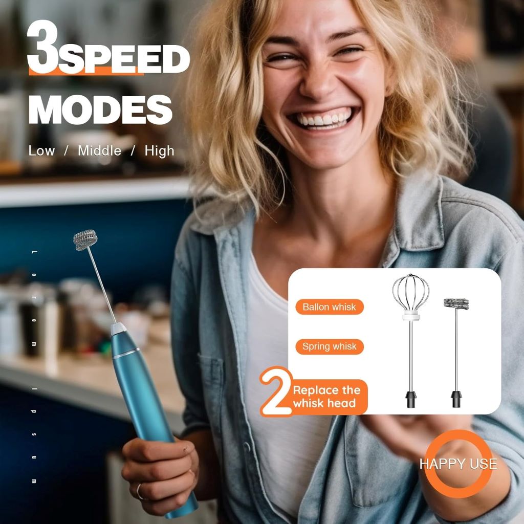 Handheld electric whisk milk frother with 3-speed settings in C-Blue