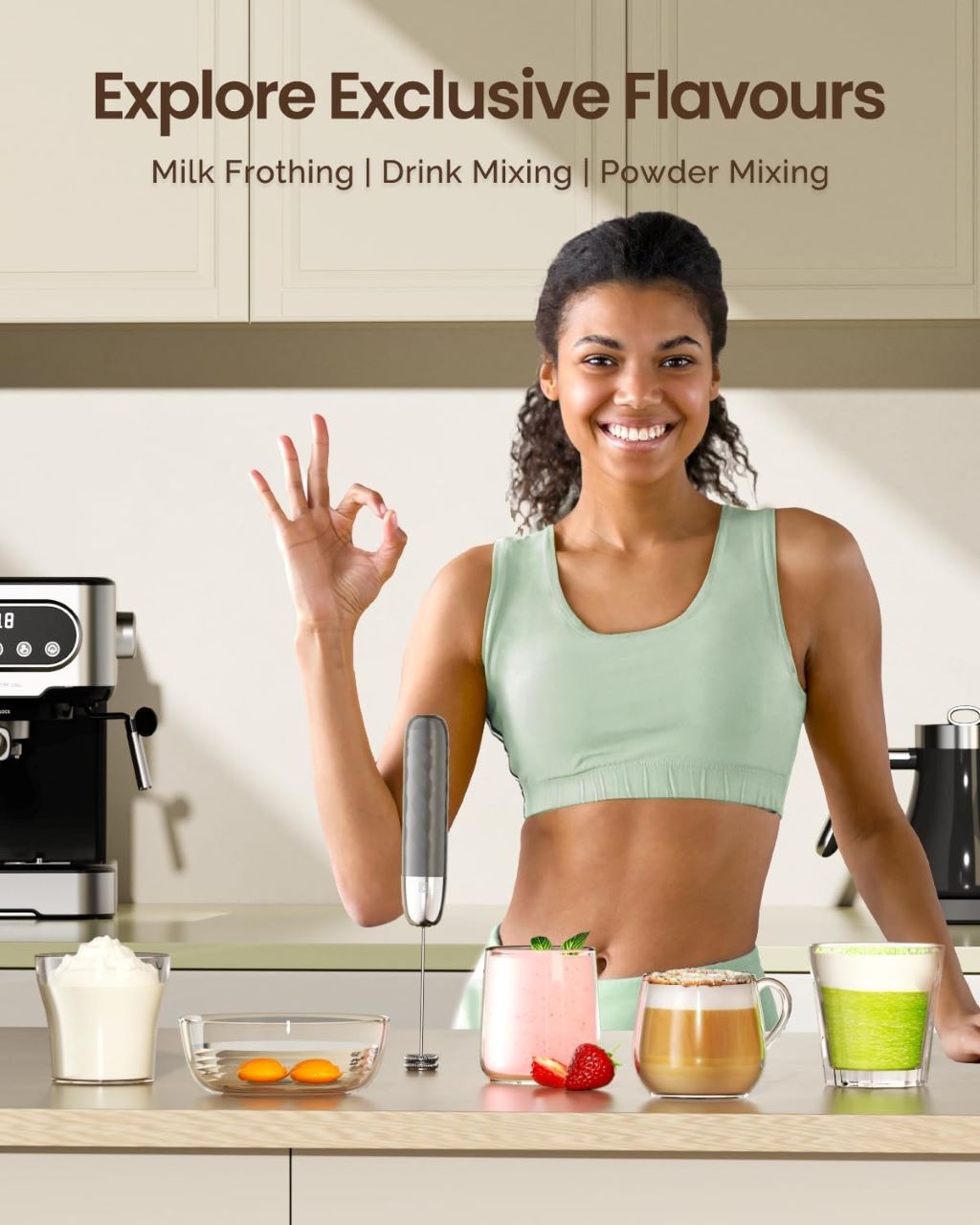 Compact electric milk frother by Maestri for cappuccinos, lattes, and matcha drinks.