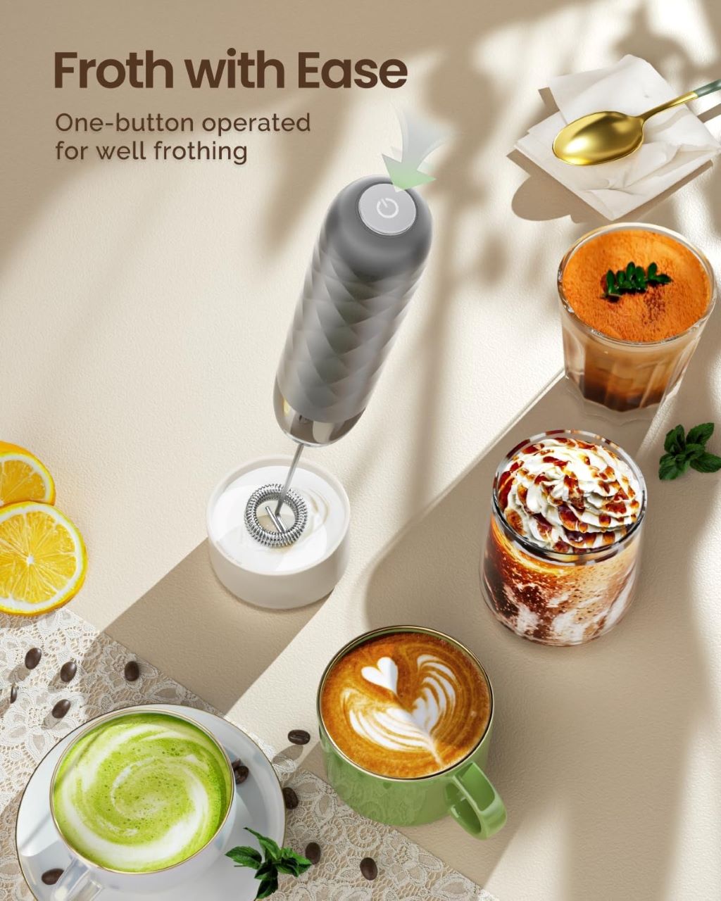 Rechargeable LunaFro Mini frother mixing milk foam in a cup for coffee or matcha.