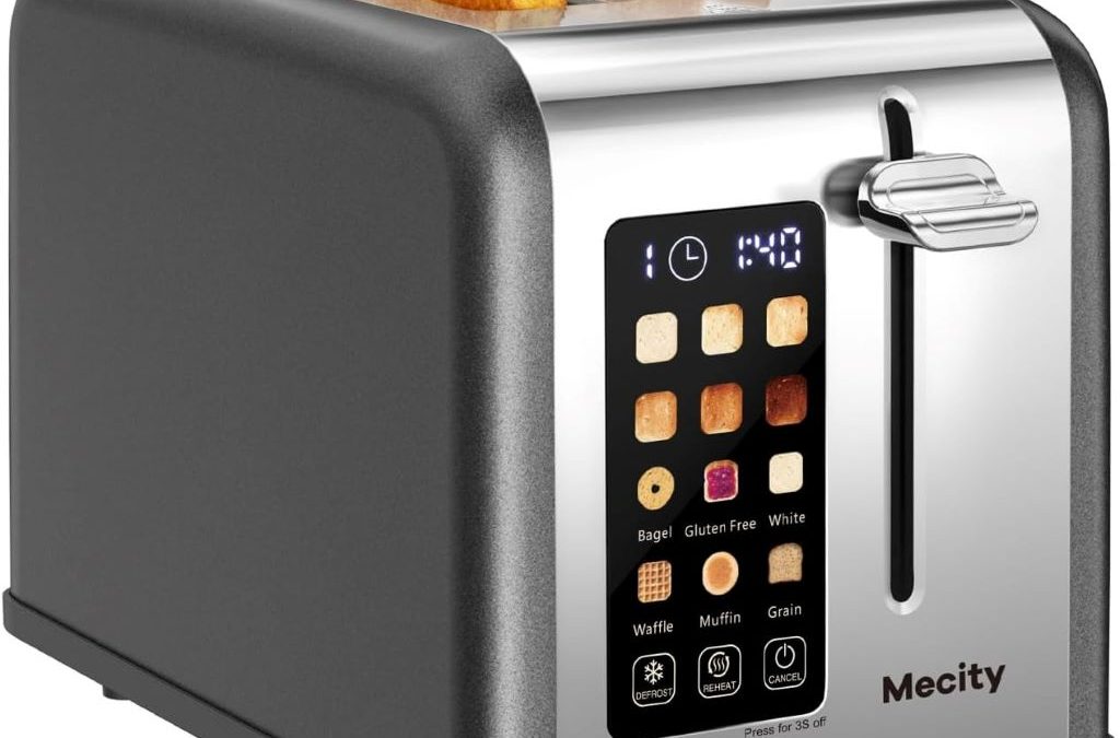 MeCITY 2-slice touch screen smart toaster in pearl grey on a modern kitchen countertop