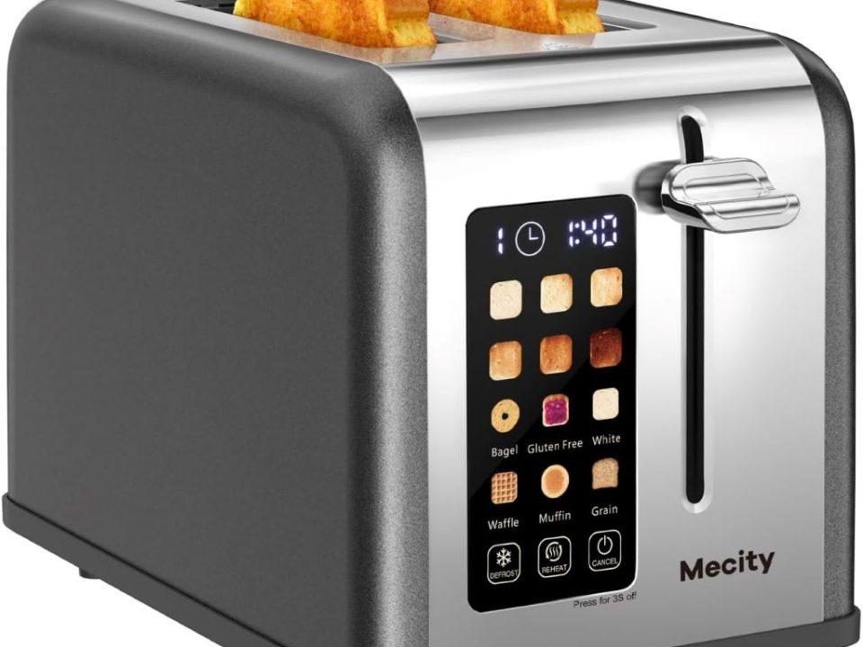 MeCITY 2-slice touch screen smart toaster in pearl grey on a modern kitchen countertop