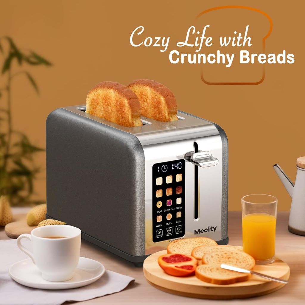 Close-up of MeCITY stainless steel smart toaster with wide slots for bagels and waffles