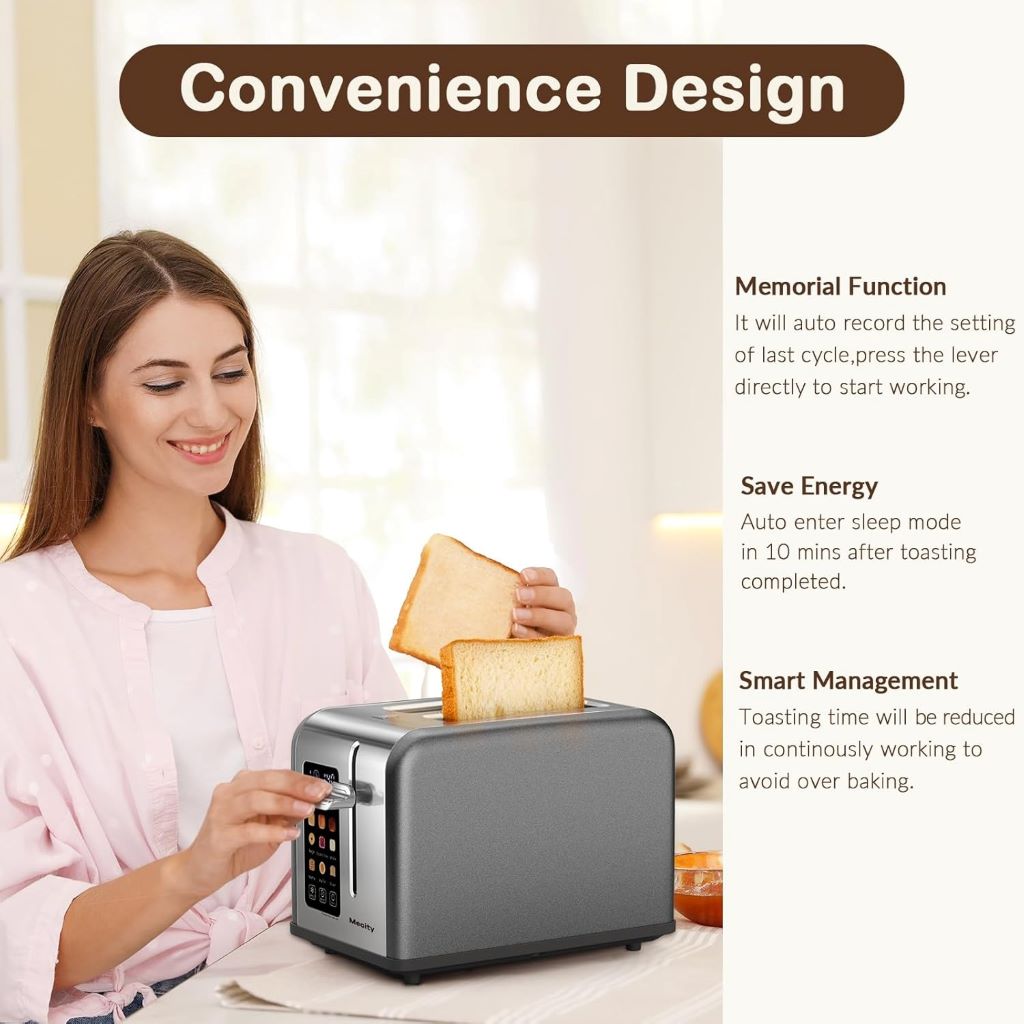 Touch screen smart toaster by MeCITY toasting bread with reheat and defrost options