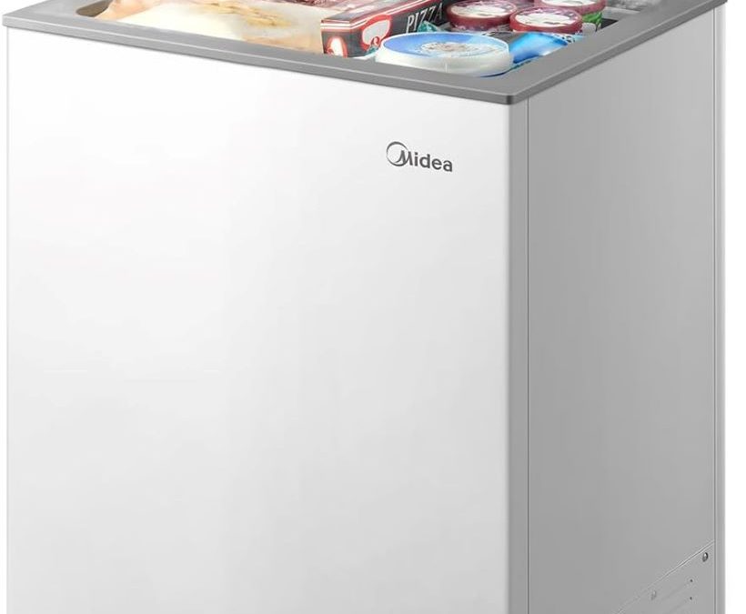 Midea 3.5 Cu.Ft. chest freezer in white, compact and convertible design.