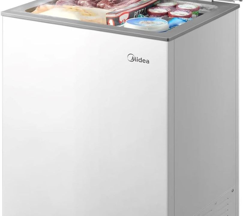 Midea 3.5 Cu.Ft. chest freezer in white, compact and convertible design.