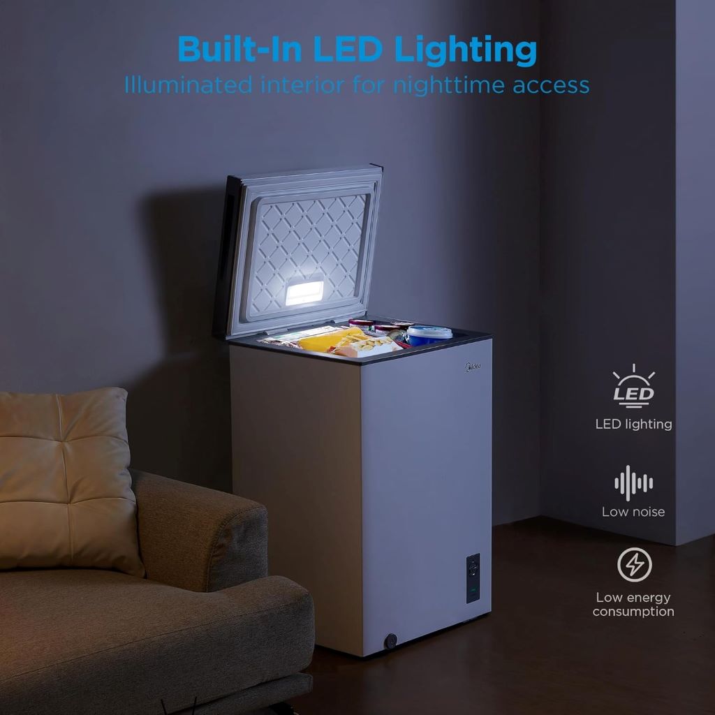 Front view of Midea compact chest freezer with convertible storage options.