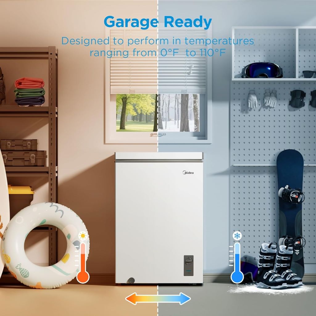 Small white Midea freezer, ideal for efficient home food storage.