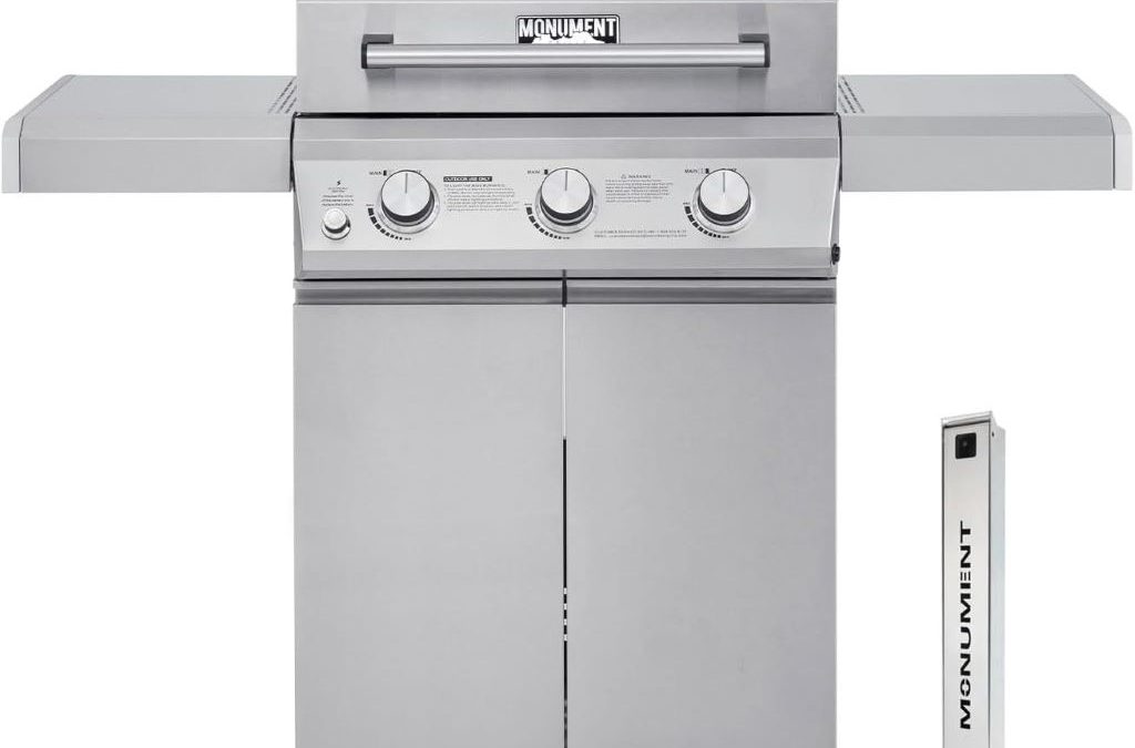 Monument Grills 3-Burner stainless steel propane BBQ grill with smoker box and cabinet design