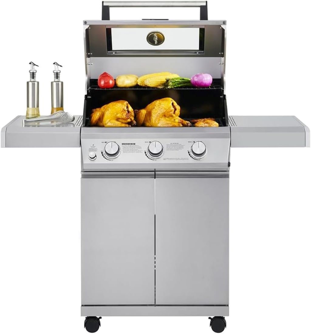 Heavy-duty Monument Grills 3-Burner propane gas barbecue with smoker box