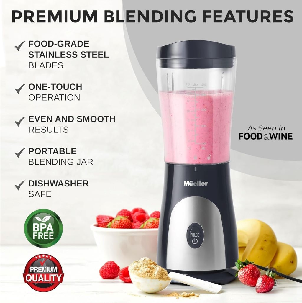 Compact Mueller blender with travel cup and lid for smoothies, baby food, and shakes.