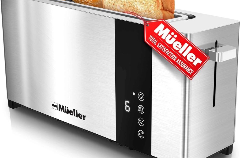 Mueller UltraToast 2-slice stainless steel toaster with LED display and extra-wide slots.