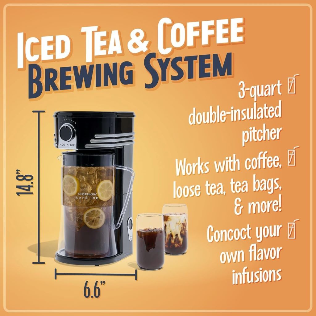 Nostalgia iced tea and coffee maker with infuser chamber and adjustable brew strength
