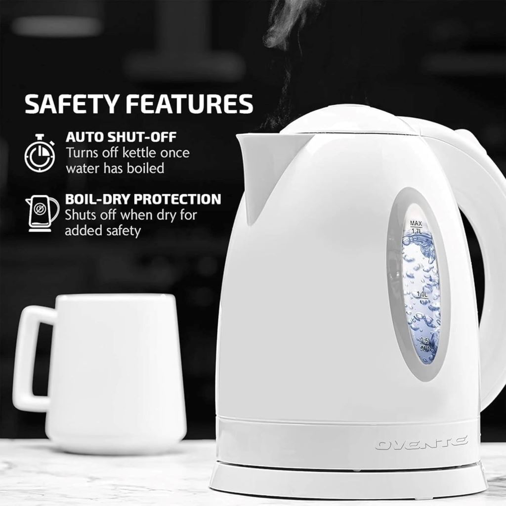 Fast boiling OVENTE 1.7L BPA-free electric kettle with auto shut-off