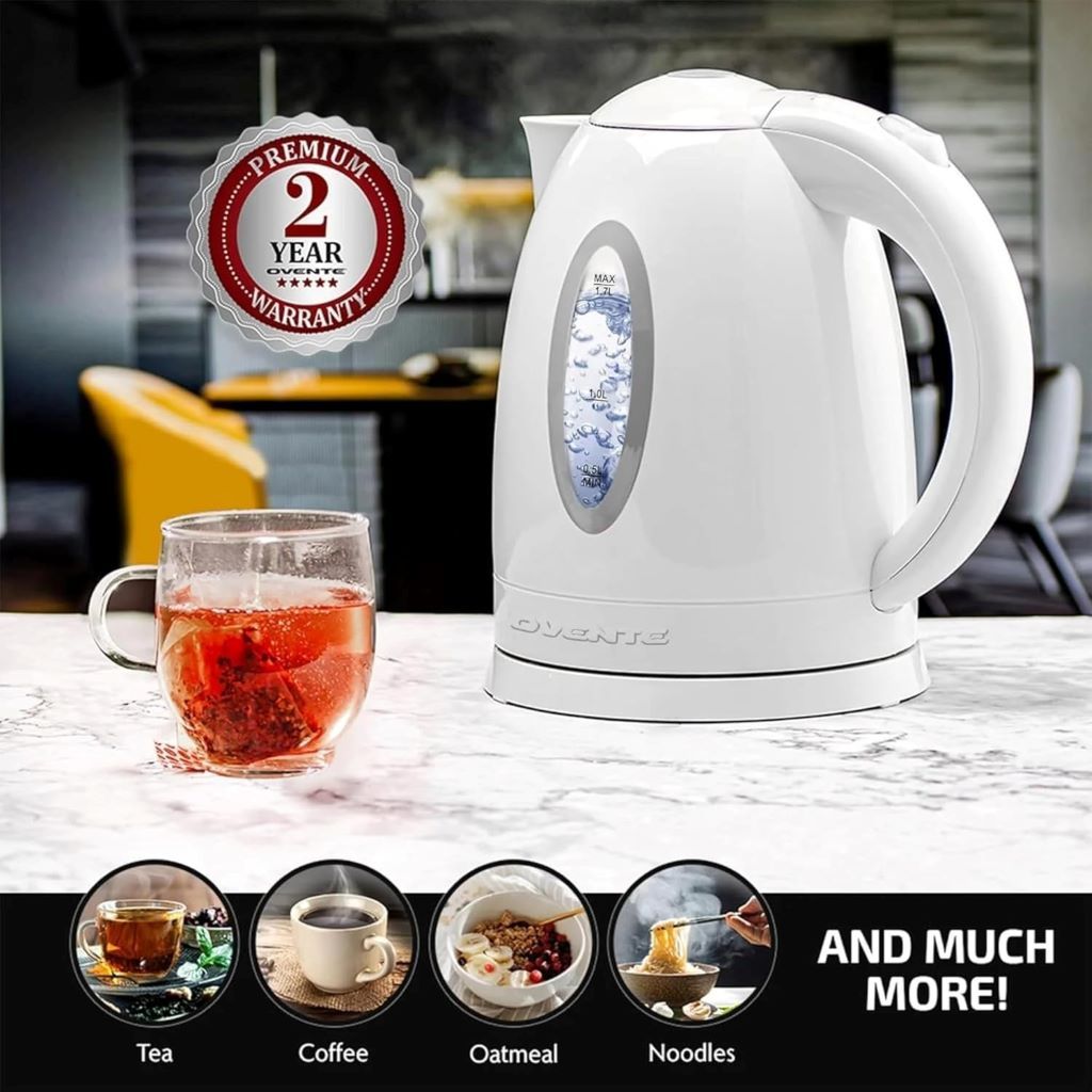 White OVENTE 1.7L electric kettle with removable filter and indicator light