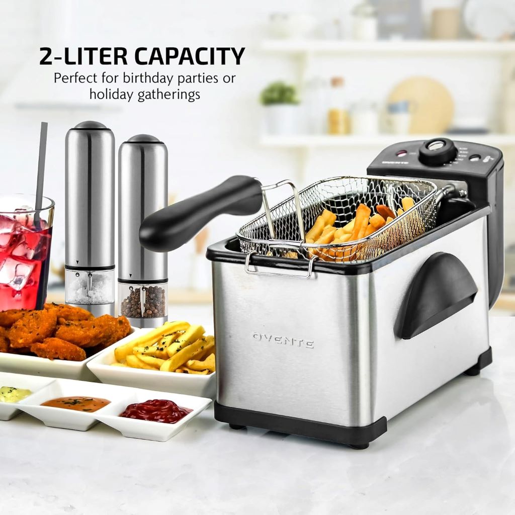 Stainless steel OVENTE deep fryer with adjustable temperature and odor filter.