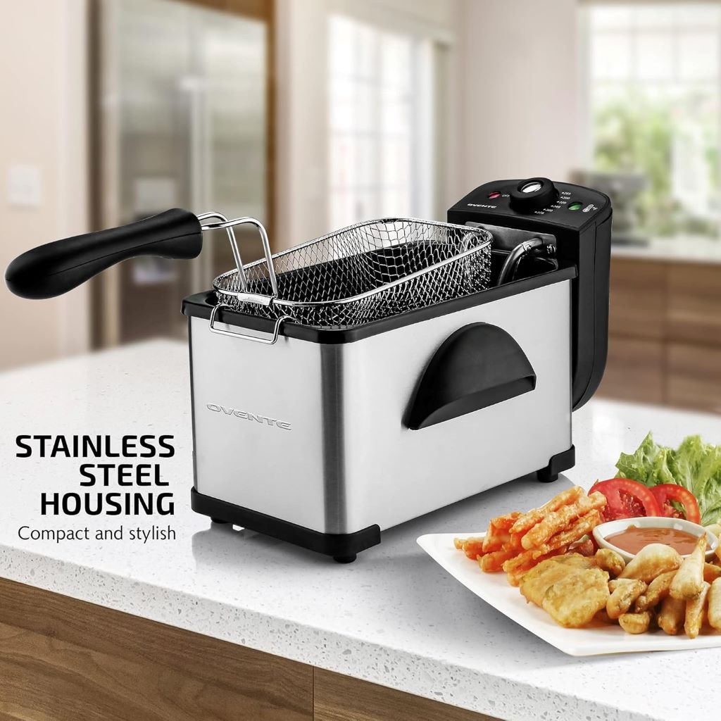 Powerful 1500W OVENTE 2-liter fryer, easy to clean and perfect for home use.