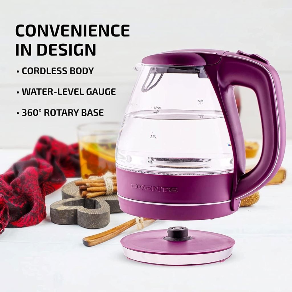 Purple OVENTE electric kettle with auto shut-off and boil-dry protection