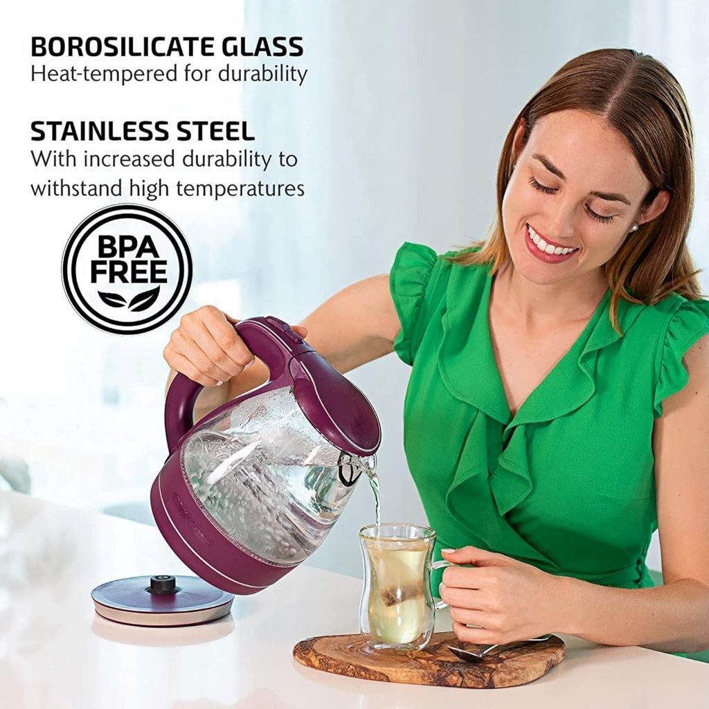 Stylish OVENTE 1.5L glass kettle with removable spout filter for tea and coffee