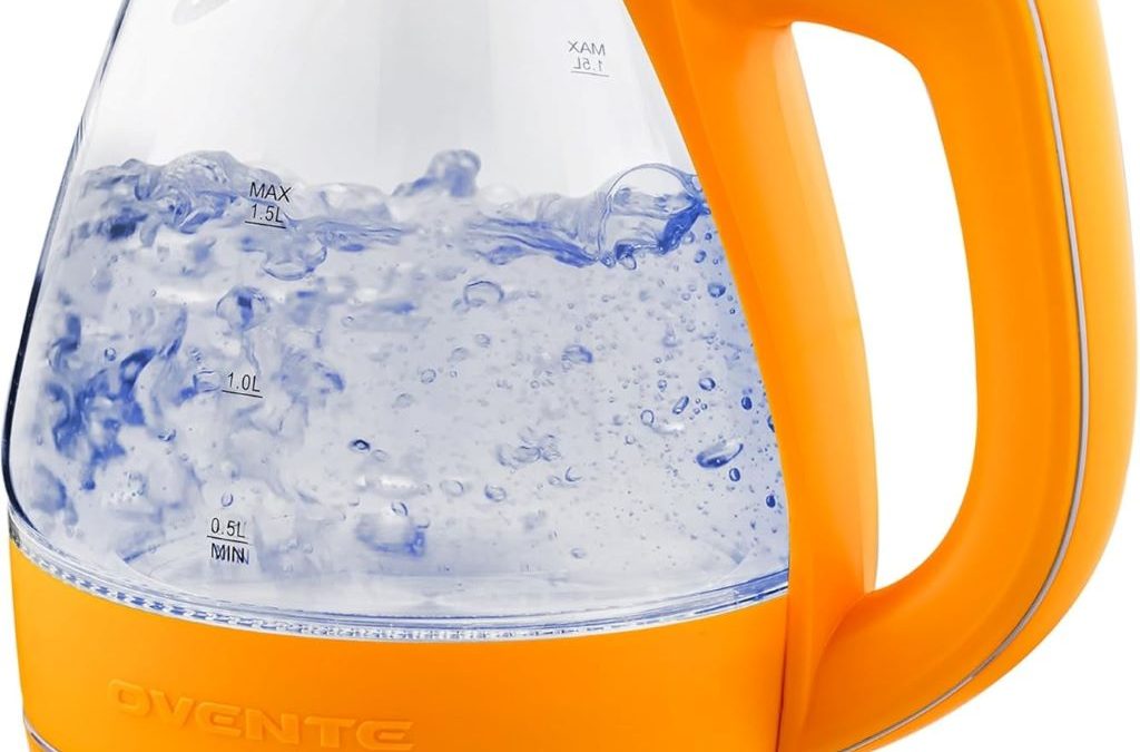 Stylish OVENTE glass kettle for tea and coffee, BPA-free with removable filter