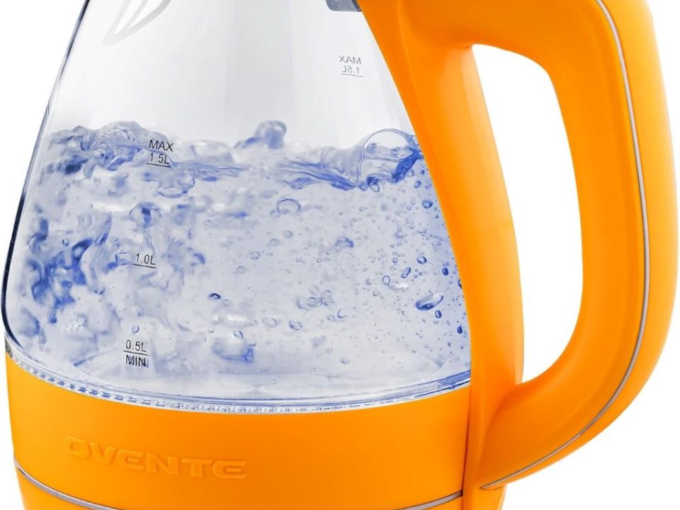 Stylish OVENTE glass kettle for tea and coffee, BPA-free with removable filter