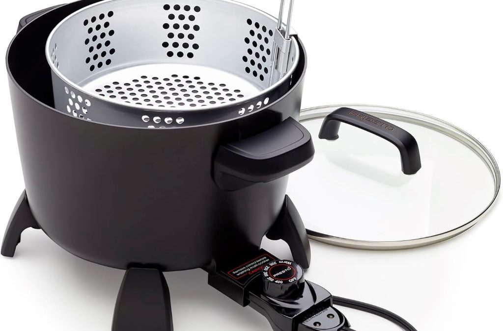 Presto 8-Quart Multi-Cooker in black with steamer and fryer basket