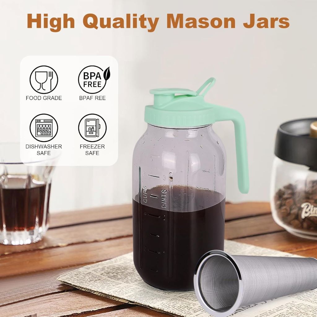 Durable glass cold brew pitcher with wide mouth, handle, and leak-proof design
