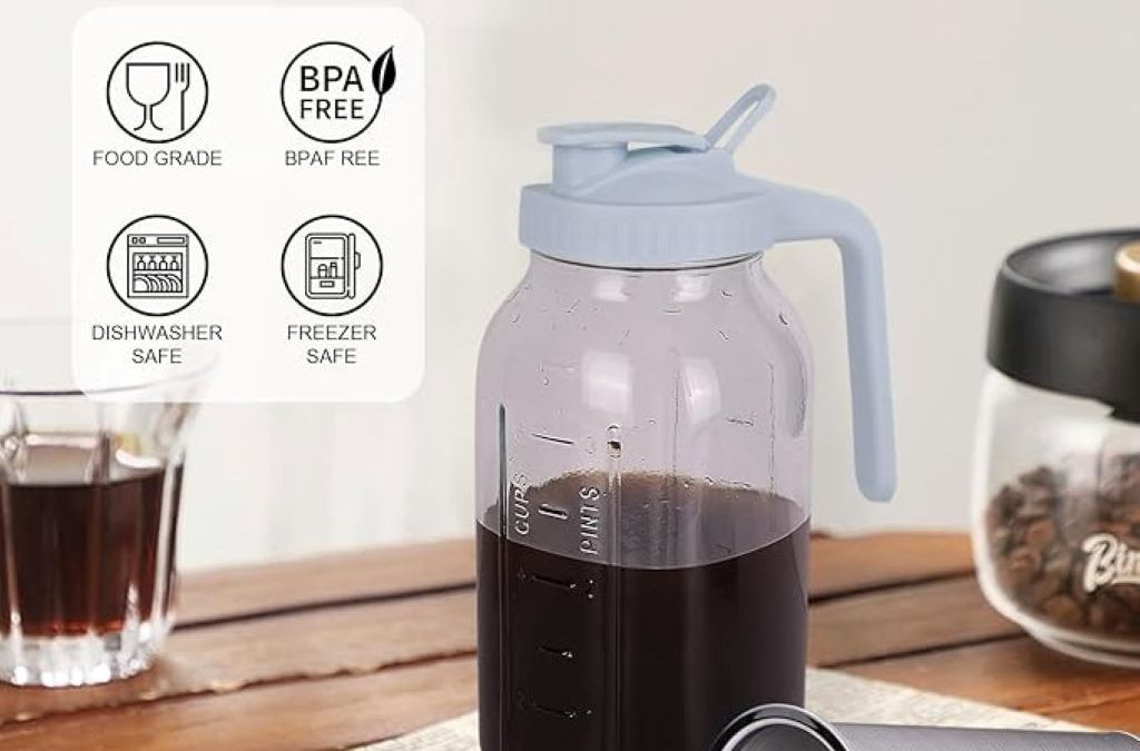 QHH 64oz Cold Brew Coffee Maker with stainless steel filter and gray lid, perfect for iced coffee and tea