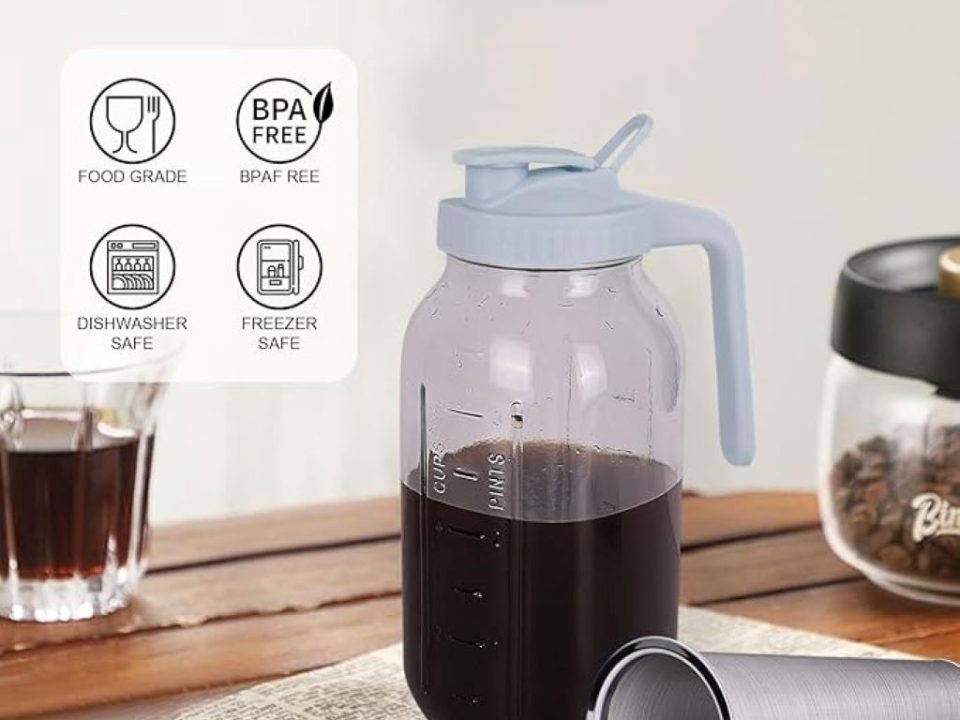 QHH 64oz Cold Brew Coffee Maker with stainless steel filter and gray lid, perfect for iced coffee and tea