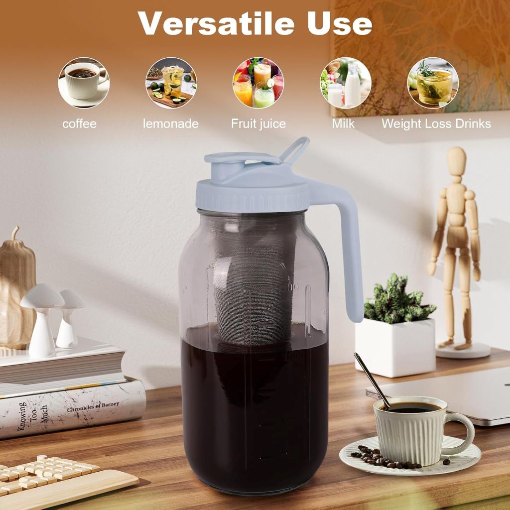 Heavy-duty glass mason jar pitcher for cold brew coffee, tea, and lemonade, leak-proof and airtight