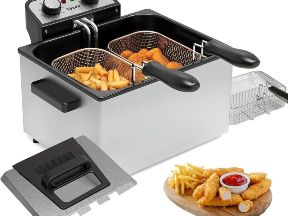 Vexon 1800W 5L electric deep fryer with three frying baskets and adjustable temperature.