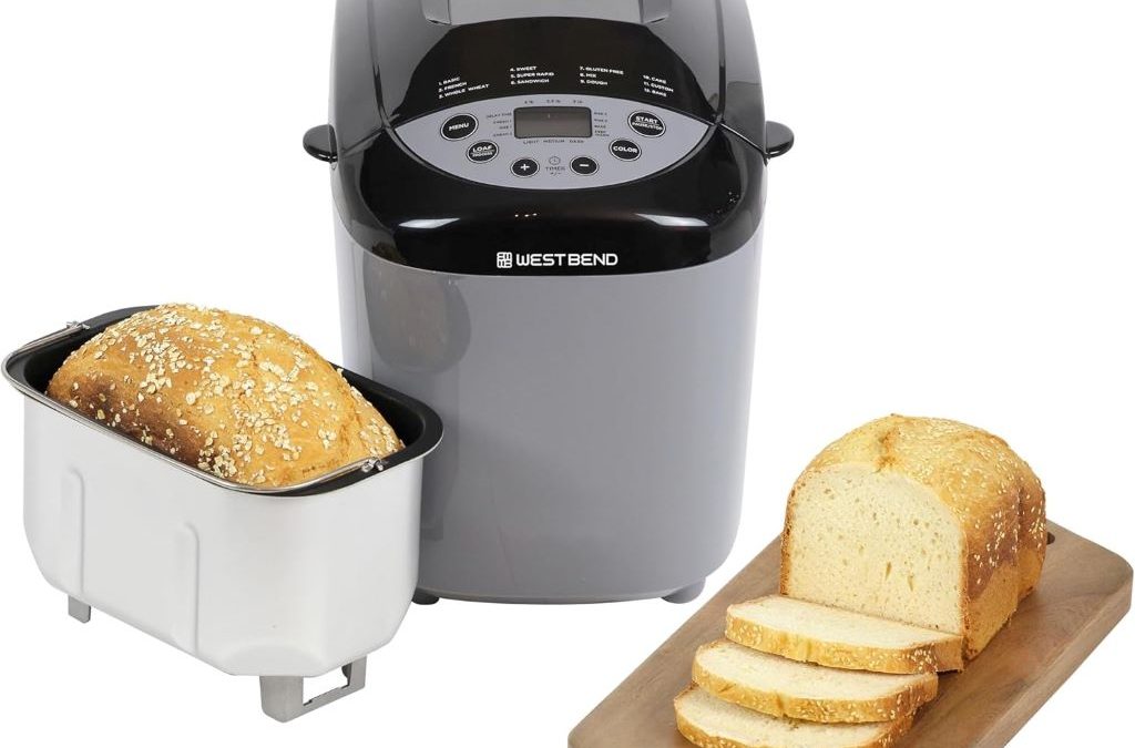West Bend Hi-Rise 3-lb programmable bread maker with gluten-free settings and adjustable loaf sizes.