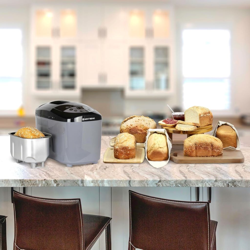 Programmable West Bend bread machine with horizontal pan, 3 loaf sizes, and gluten-free baking options.