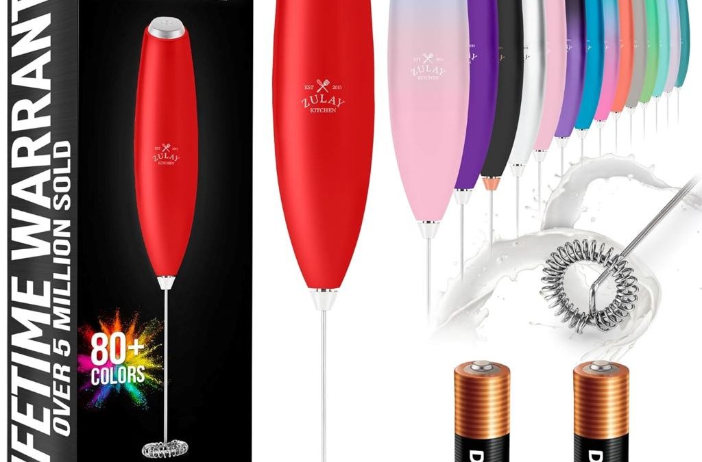 Zulay red handheld milk frother with AA batteries, durable and easy to clean