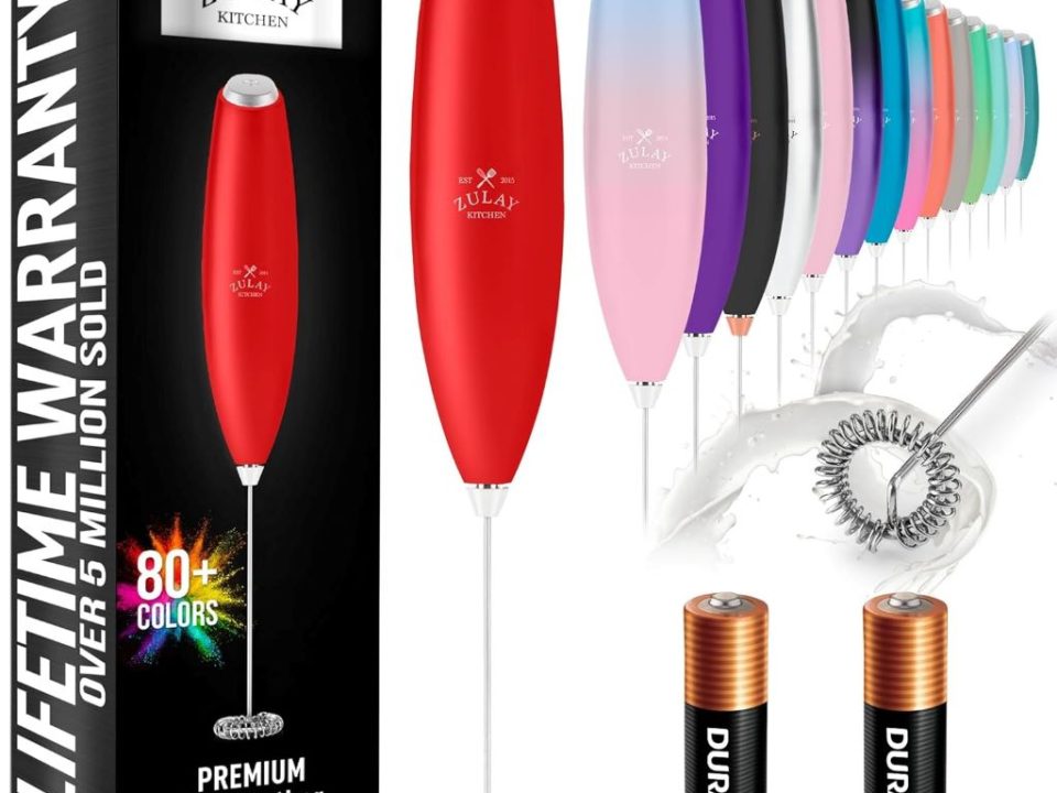 Zulay red handheld milk frother with AA batteries, durable and easy to clean
