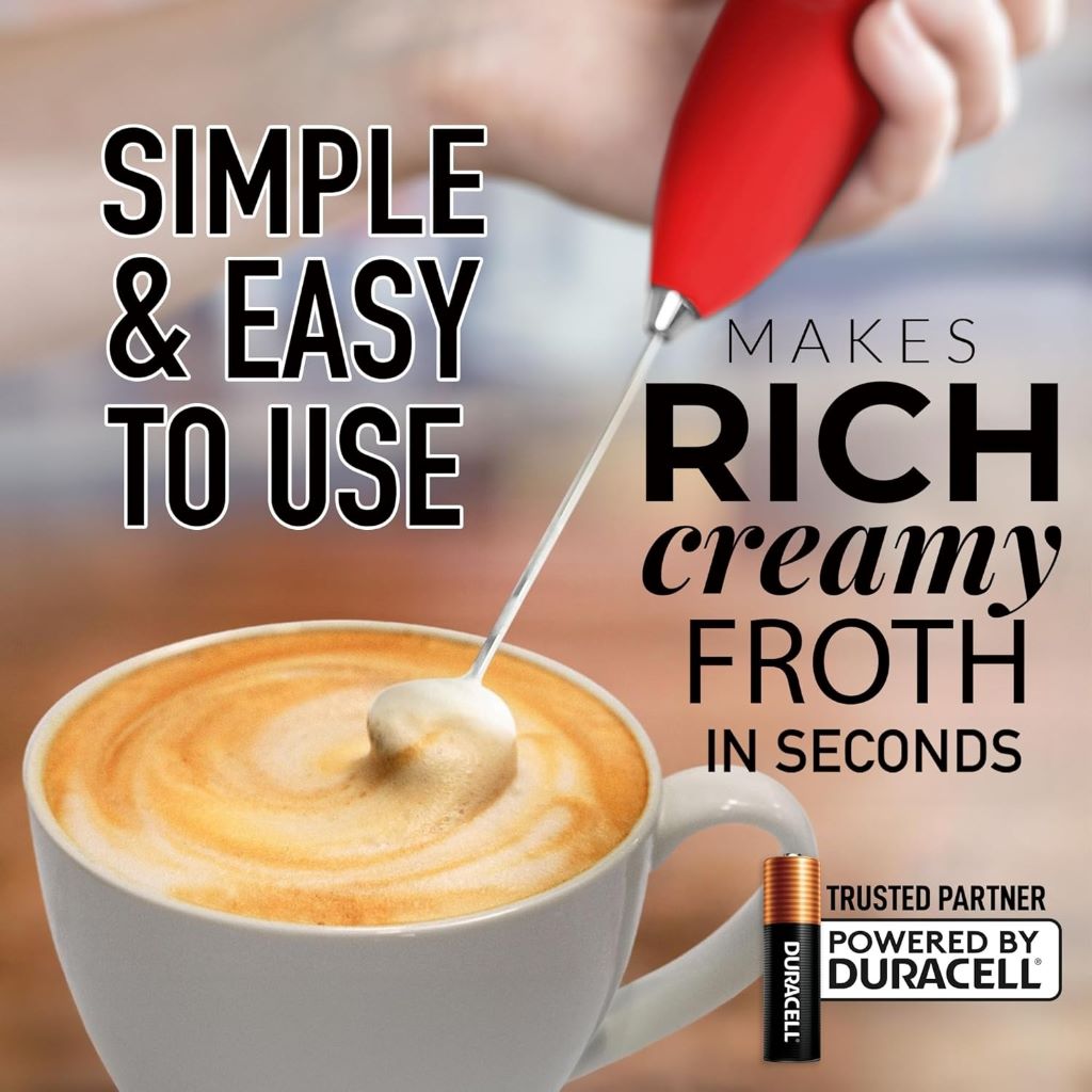 Electric milk frother wand for coffee and lattes, red, battery-powered